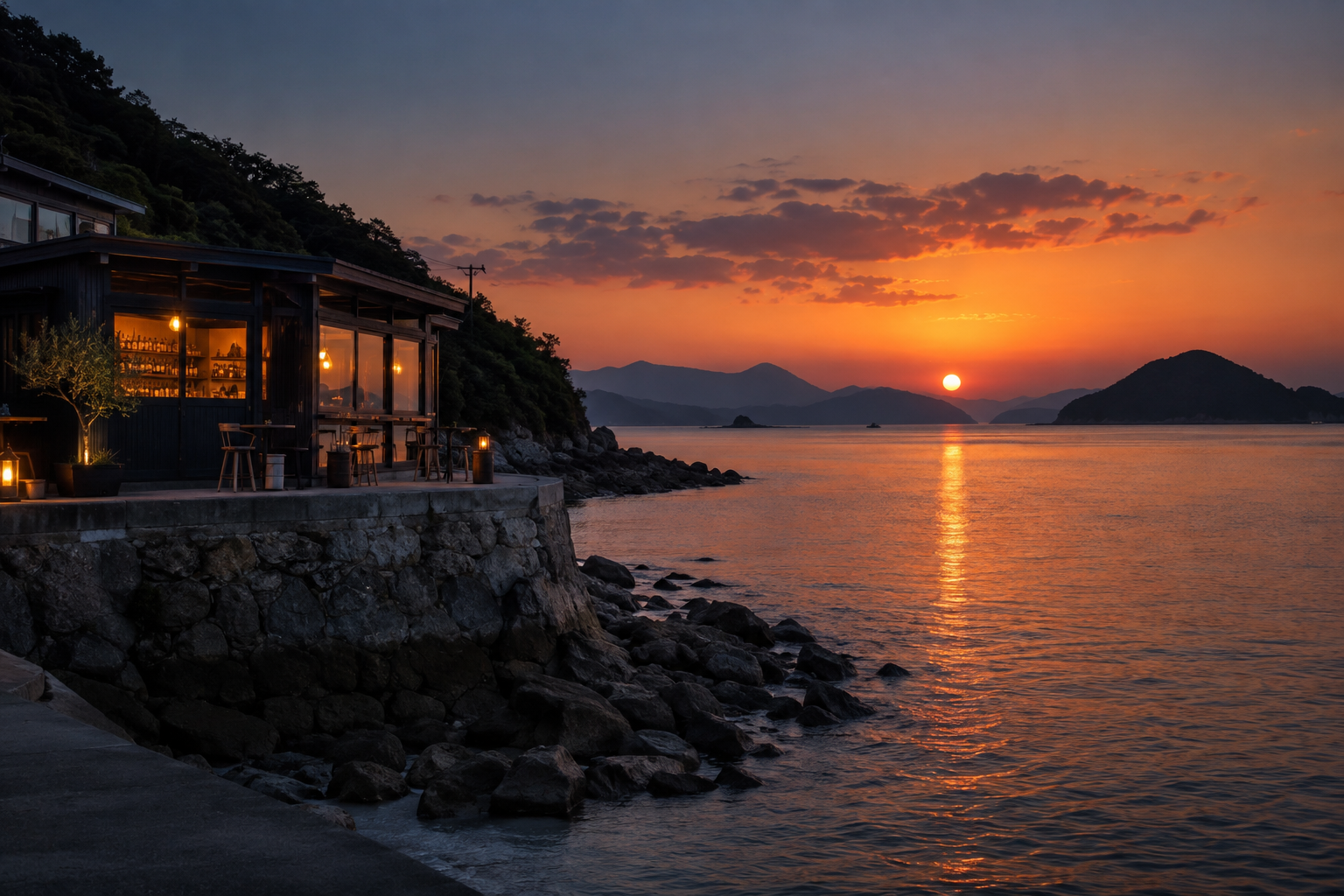 瀬戸内海と夕陽を望むバル